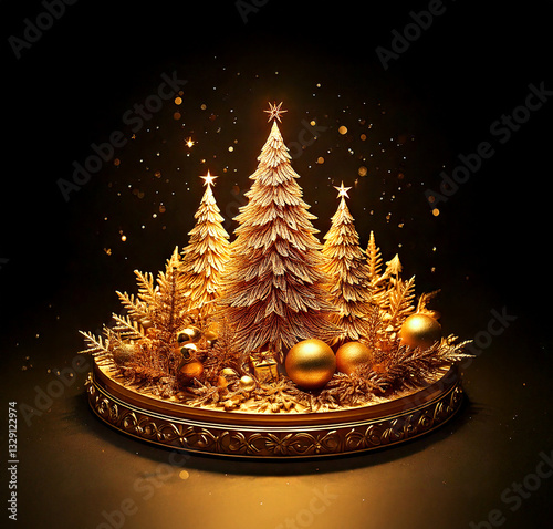 Golden Christmas Isometric Village illustration on dark  background with many decorative branches, decorations, stars.