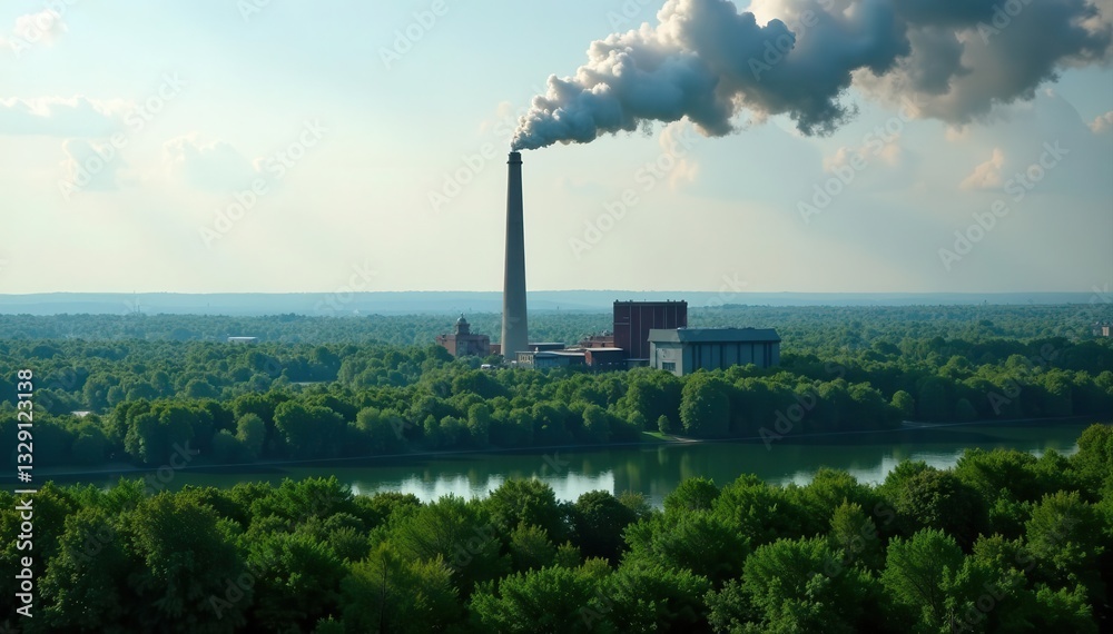 Obraz premium Smokestack belching black smoke over lush green forest , contamination, carbon emissions