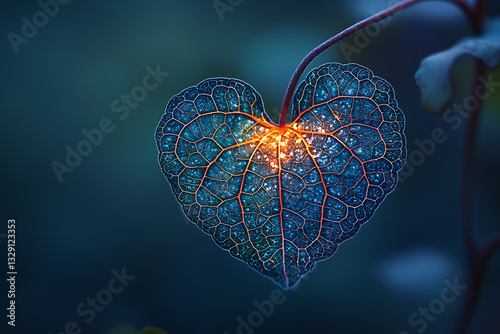A luminous heart-shaped leaf with intricate veins glows against a softly blurred cool-toned background.