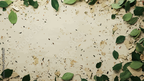 High-angle, close-up view of a flat lay composition.  A beige textured background, possibly wood-based, is presented.  A frame of small, vibrant green leaves is arranged around the perimeter of the