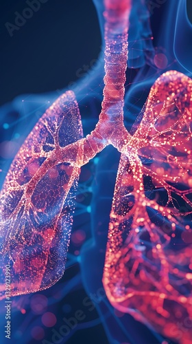 Digital Representation of Human Lungs with Glowing Veins and Vascular Structures in a Colorful Abstract Style