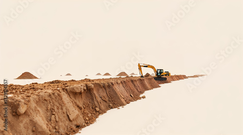 Construction excavator on earthwork site with soil piles and earth moving machinery in desert landscape