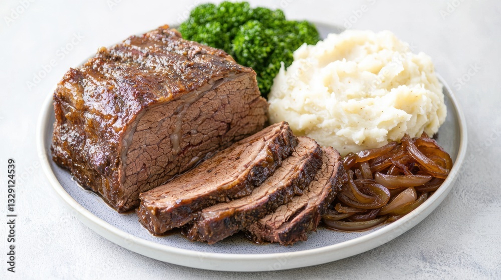 Chuck food steak concept. Slow braised Chuck Roast with Creamy Mashed Potatoes and Broccoli Chuck food steak concept. Slow braised Chuck Roast with Creamy Mashed Potatoes and Broccoli