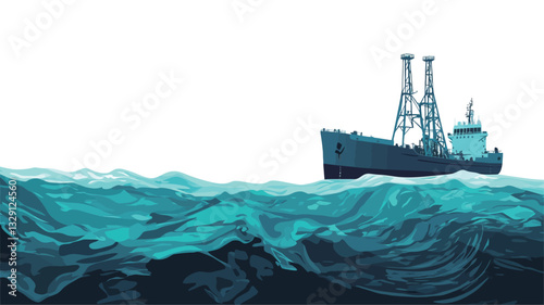 A stylized illustration of a cargo ship sailing on a wavy ocean. The ship is depicted in dark teal against a lighter teal and white background. The ocean is rendered with swirling, abstract waves,