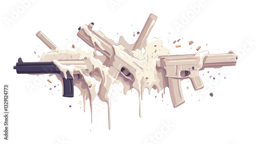 The image presents an abstract composition of several firearms seemingly melting or dissolving into a creamy, light beige substance. The guns are rendered in varying shades of off-white and beige,