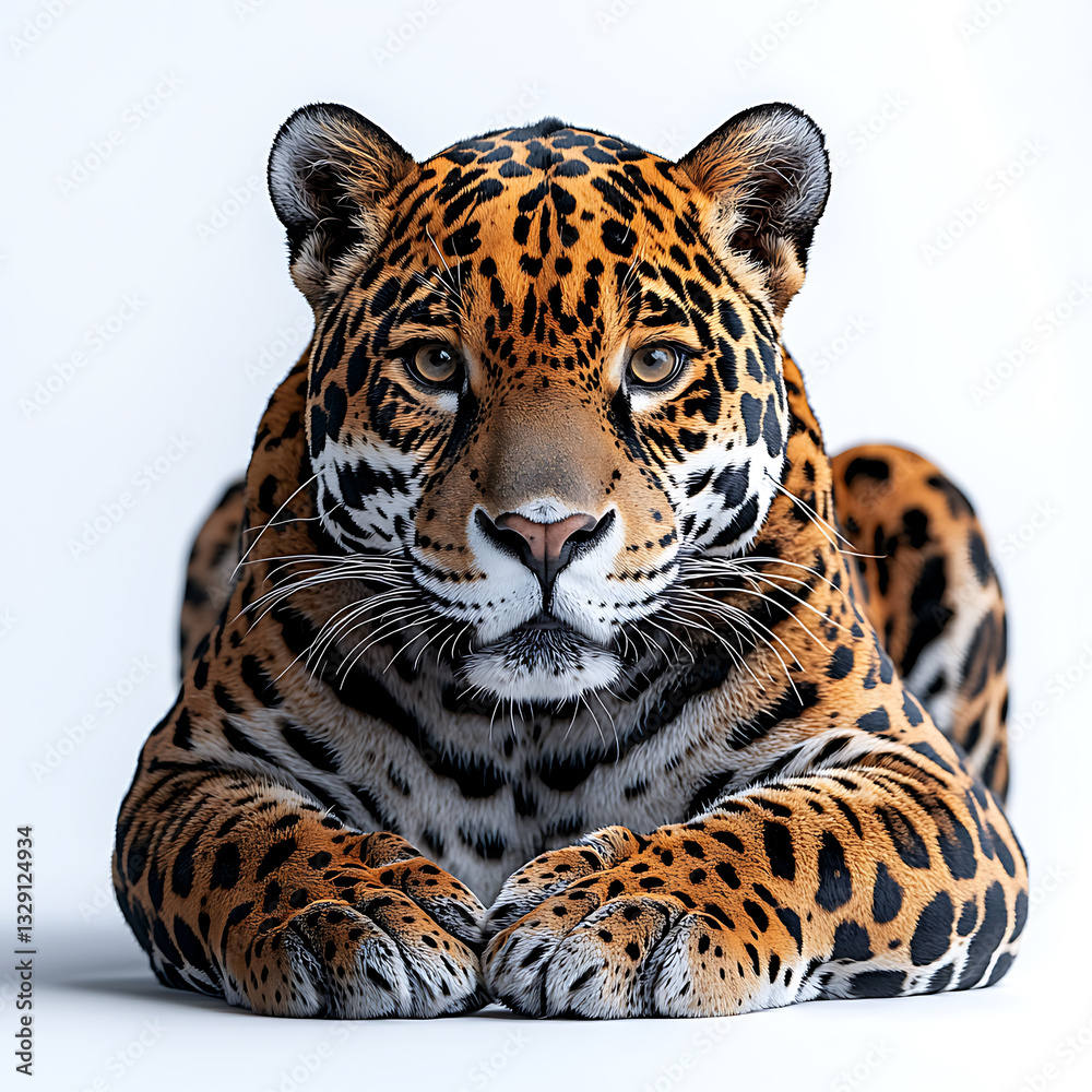 Obraz premium Focused jaguar portrait against a white backdrop showcasing its distinctive spotted coat and intense gaze in a studio setting.