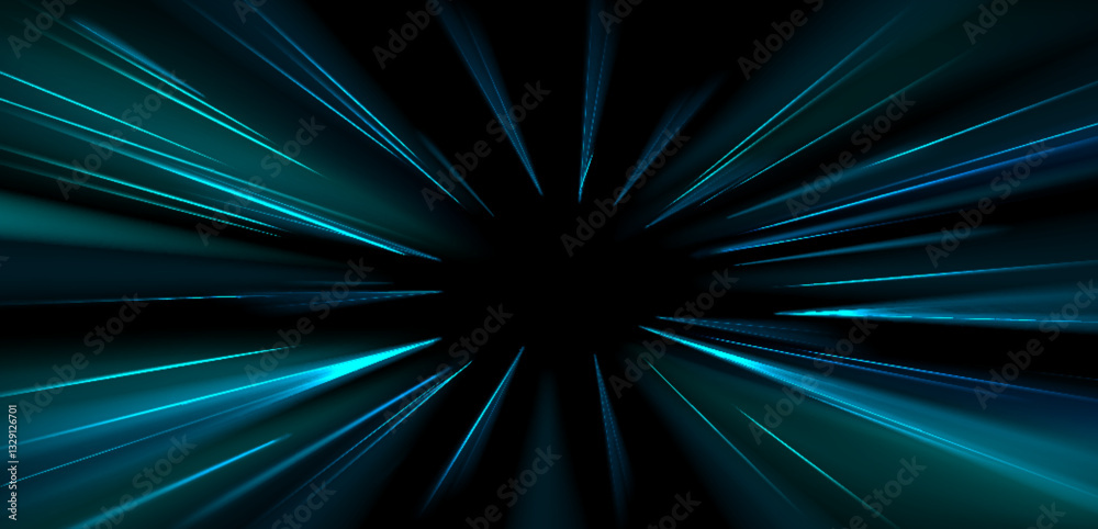Speed lines burst from center, glowing neon blue streaks zoom out with dynamic motion acceleration effect. Futuristic warp tunnel abstract perspective background. Sci fi light trail movement illusion.
