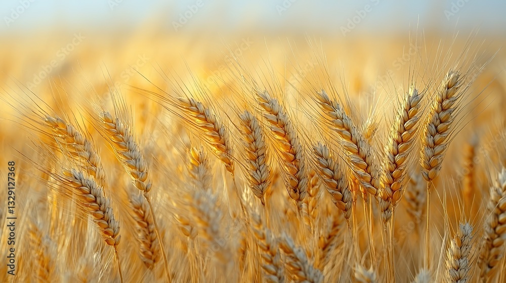 Fototapeta premium Golden wheat ears sway gently in warm sunlight, creating a peaceful, picturesque countryside scene.