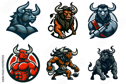 Ein kraftvolles Vektor-Maskottchen-Cartoon-Logo und Emblem mit einem mythischen Minotaurus-Stierkrieger. Ideal für Sportteams, Gaming-Clans oder Marken, die eine starke