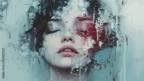 Close-up portrait of a woman's face, rendered in an abstract and surreal style.  The face is partially obscured and fragmented by textures resembling ice or water, creating a crystalline effect.