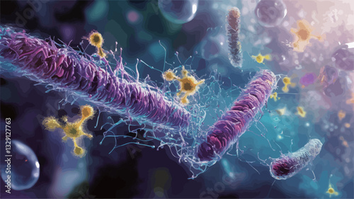 A digital illustration depicting a microscopic view of various bacteria and viruses.  The image showcases rod-shaped bacteria in shades of purple and pink, with smaller, yellowish-gold viral
