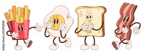 Retro breakfast characters set isolated on white background. Vector cartoon illustration of french fries, egg, butter toast, bacon mascots smiling, cute food icons for cafe or restaurant menu design
