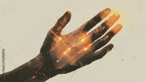 Close-up image of a stylized hand with internal illumination. The hand is depicted in a slightly darkened tone, with warm, golden light emanating from within, creating an ethereal effect.  The