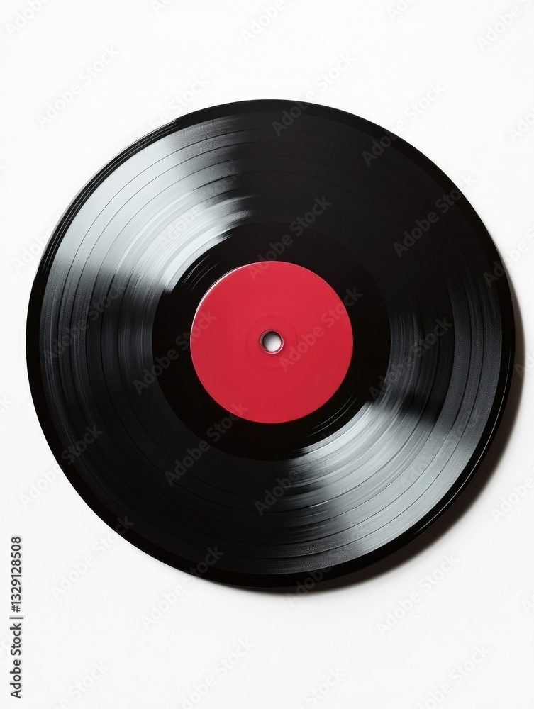 Analog vinyl record with red label on sleeve. Analog vinyl record with red label on sleeve.