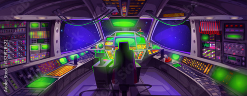 Spaceship cockpit interior with control panel. Vector cartoon illustration of space shuttle dashboard with computer displays and buttons, dark cosmos and stars seen in windows, exploration mission
