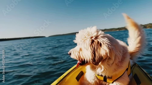 Happy white fluffy dog wearing life vest in yellow kayak on blue lake waters under clear sky. Smiling pet enjoying boat ride during summer adventure with scenic shoreline in background