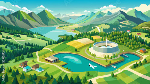 Aerial drone view a lake surrounded by lush green grass, Grappelensee, Wildhaus, Laui, St. Gallen, Switzerland.