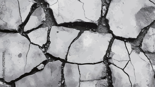 High-angle, close-up view of cracked earth. The image is in monochrome, showing various shades of gray and black. The cracks are irregular, creating a network of polygonal shapes.  Some small dark