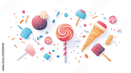 A digital illustration depicting a variety of colorful candies and ice cream treats scattered on a white background.  The style is reminiscent of paper craft or low-poly 3D rendering.  The sweets