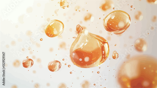 Close-up macro shot of several translucent, amber-colored liquid droplets suspended in mid-air against a bright white background. The droplets vary in size and shape, exhibiting a glossy,