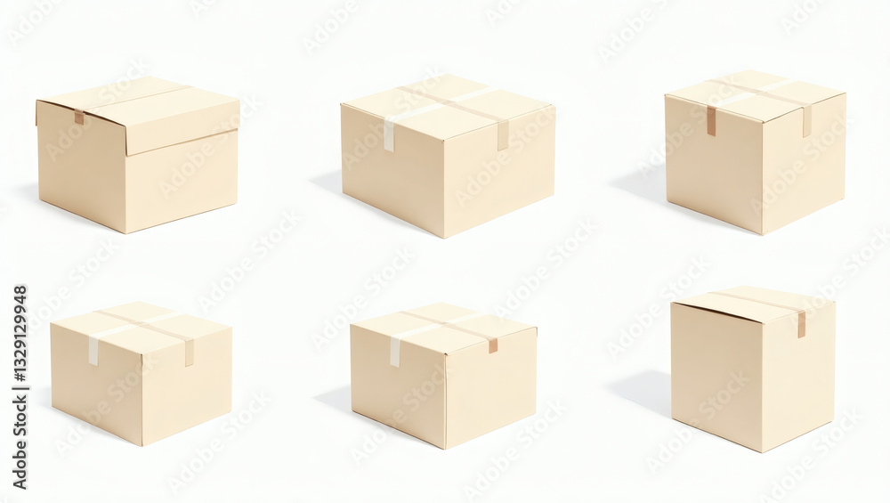 Fototapeta premium a collection of six cardboard boxes, arranged in two rows of three, Each box has a simple, folded design, and the image focuses on delivery and storage.
