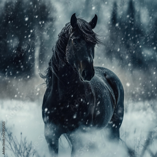 Friesian horse standing proudly in a winter storm, snow swirling around, dramatic and intense, UHD 8K  photo