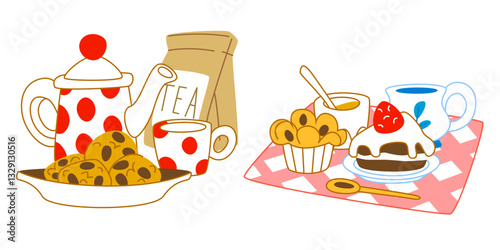 Risograph tea time setup illustration - polka dot teapot, cup and mug, cupcakes and cookies, spoon and bag on checkered napkin. Traditional breakfast or break set. Morning sweet food with hot beverage