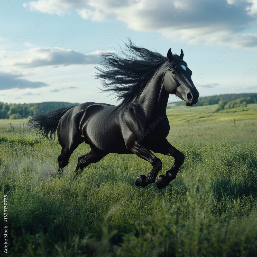 Friesian horse with flowing mane galloping across a lush green field, cinematic and dramatic, UHD 8K Friesian horse with flowing mane galloping across a lush green field, cinematic and dramatic, UHD 8K