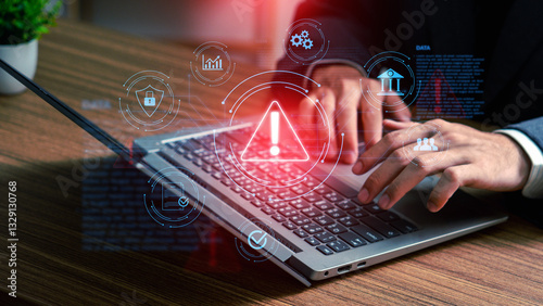 Cybersecurity Concept. Hand interacting with futuristic digital icons representing risk management and safety. Data protection concept.