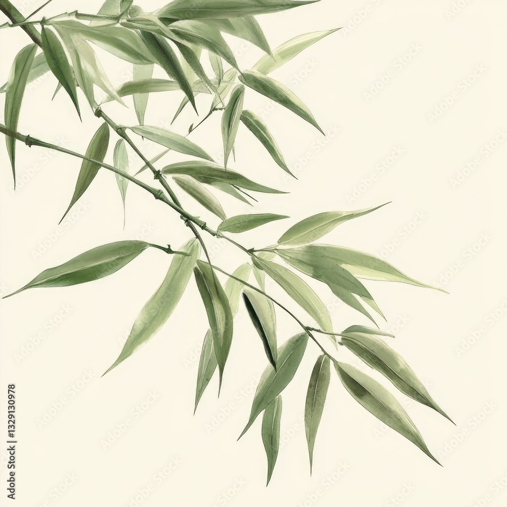 Fototapeta premium Green and brown bamboo leaves on branch with shadow cast.
