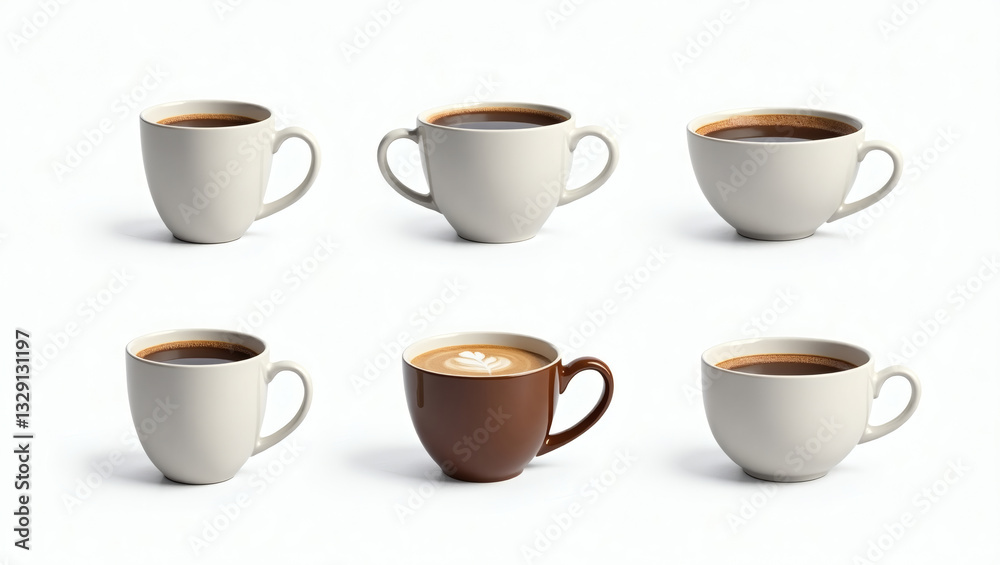 collection of six different coffee cups, each with a unique presentation, set against a clean backdrop collection of six different coffee cups, each with a unique presentation, set against a clean backdrop