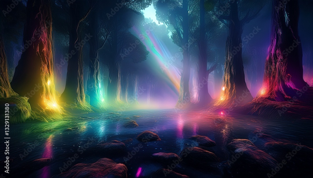 Fototapeta premium A dark surreal landscape with chakra-colored light beams piercing through the mist, creating an ethereal and mystical atmosphere. 