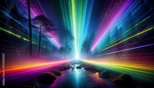 A dark surreal landscape with chakra-colored light beams piercing through the mist  creating an ethereal and mystical atmosphere. 