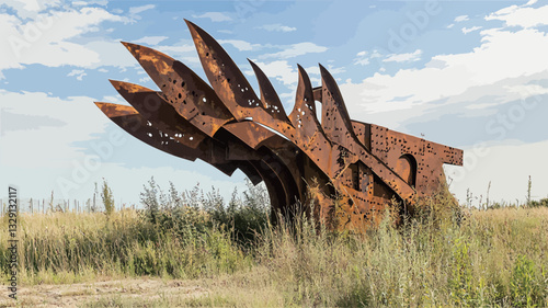 The image shows a large abstract metal sculpture situated in a field of tall grass under a partly cloudy sky. The sculpture is composed of numerous rusty, metallic components, exhibiting a complex,