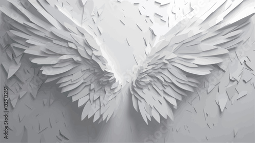 Close-up view of a pair of abstract wings rendered in a monochromatic white palette. The wings appear to be crafted from paper or a similar material, exhibiting a three-dimensional, textured