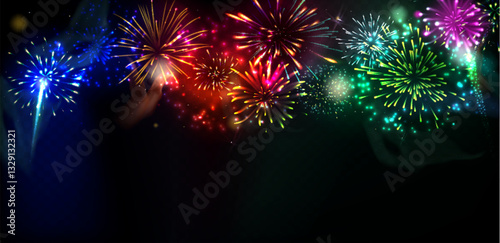Firework and firecracker effects - multicolored sparkling display exploding in night sky. Festive dazzling pyrotechnics light up dark background with bright colors for vibrant holiday celebration.