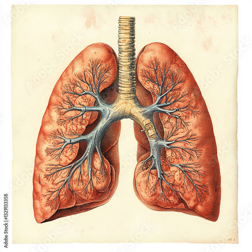 Detailed anatomical illustration of the human lungs and respiratory system