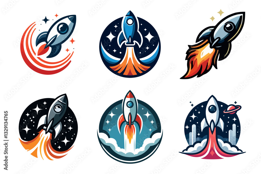 Logotipo vectorial en estilo mascota colorida con lanzamiento de cohetes y estación espacial en fondo clipart transparente aislado, ideal para branding y proyectos de ciencia ficción.