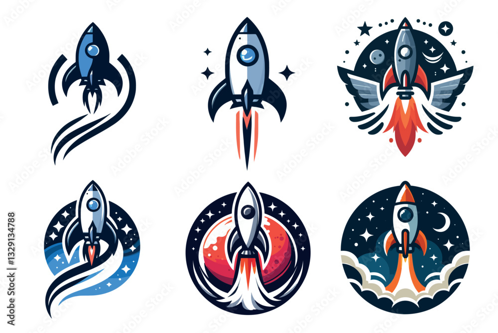 Logotipo vectorial en estilo mascota colorida con lanzamiento de cohetes y estación espacial en fondo clipart transparente aislado, ideal para branding y proyectos de ciencia ficción.