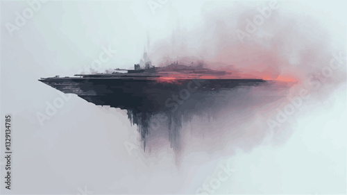 A digital illustration depicting a dark, silhouetted city built on a floating island. The island is surrounded by a thick layer of mist or fog, with a faint red glow emanating from a section of the