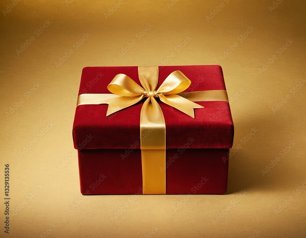 Elegant red gift box with a gold ribbon against a warm, golden background. Elegant red gift box with a gold ribbon against a warm, golden background.