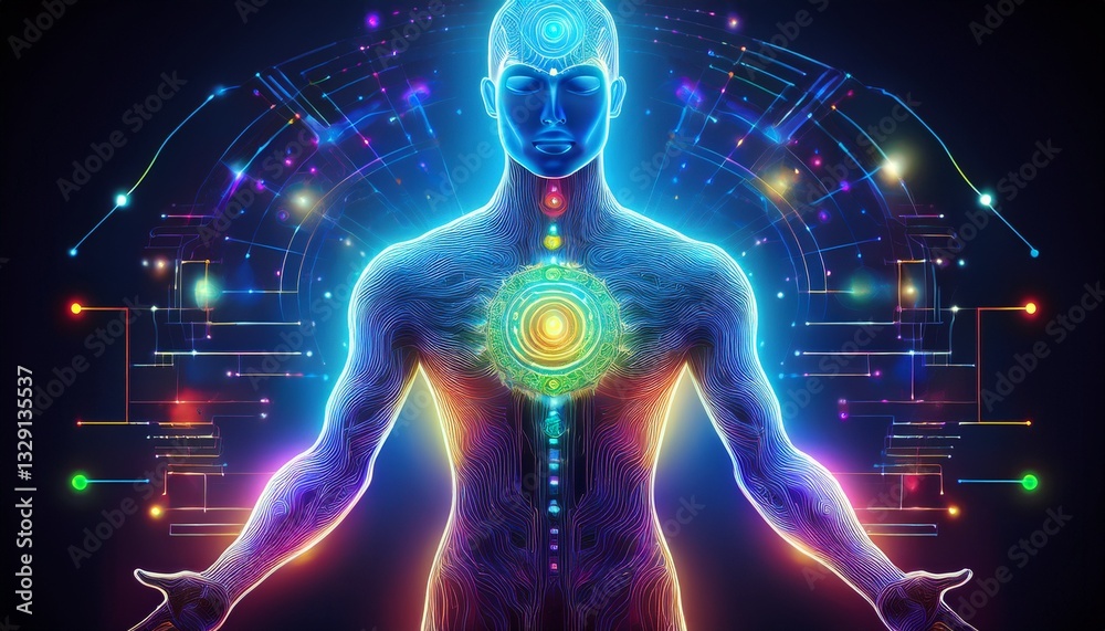 A cyberpunk vision of chakras as digital energy circuits embedded in a futuristic human silhouette, glowing with vibrant neon lights and technological precision A cyberpunk vision of chakras as digital energy circuits embedded in a futuristic human silhouette, glowing with vibrant neon lights and technological precision