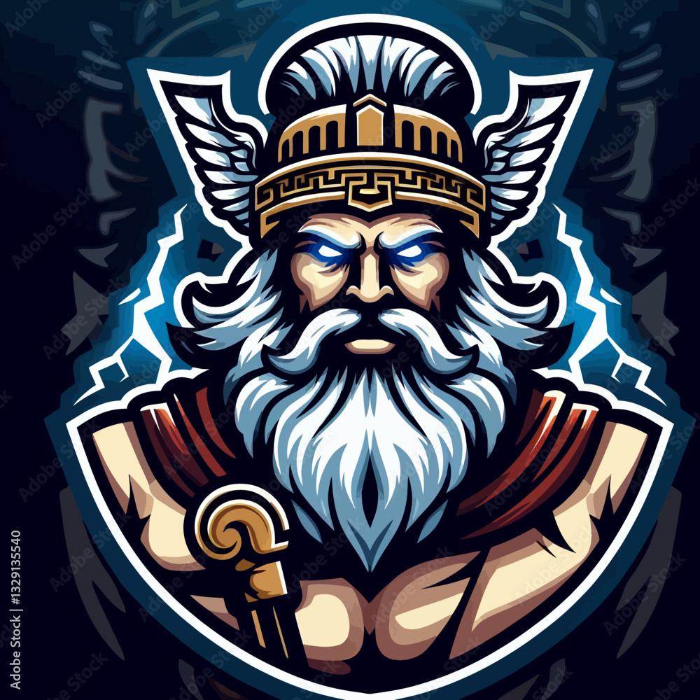 Logotipo vetorial em estilo mascote colorido com o deus grego Zeus em fundo clipart transparente isolado, perfeito para branding, mitologia e projetos criativos.