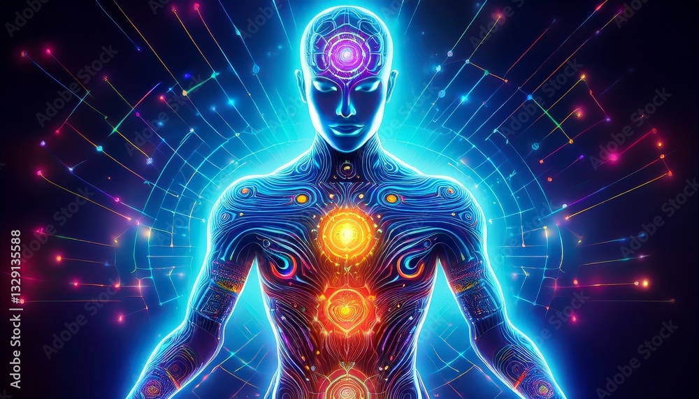 A cyberpunk vision of chakras as digital energy circuits embedded in a futuristic human silhouette, glowing with vibrant neon lights and technological precision A cyberpunk vision of chakras as digital energy circuits embedded in a futuristic human silhouette, glowing with vibrant neon lights and technological precision