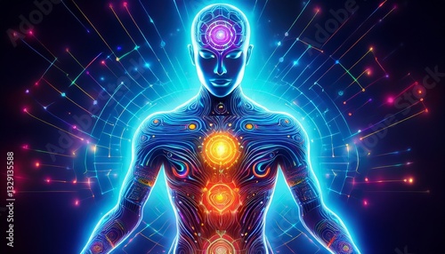 A cyberpunk vision of chakras as digital energy circuits embedded in a futuristic human silhouette, glowing with vibrant neon lights and technological precision
