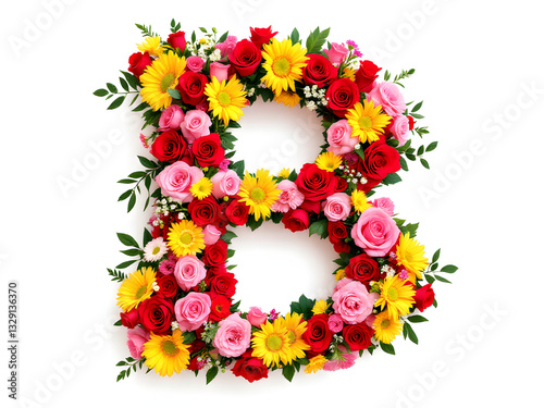 A vibrant floral wreath shaped like letter "D," "A,""B,""C," "F,""E bursting with red and pink roses.