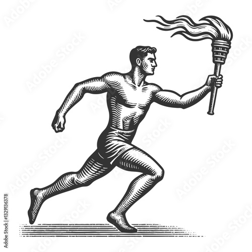 male athlete running with a flaming torch, symbolizing determination and achievement sketch engraving generative ai raster illustration. Scratch board imitation. Black and white image.