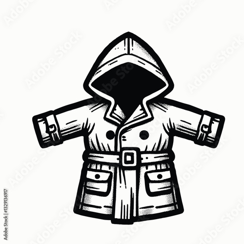 Hooded Trench Coat Vintage Design - Black and White Illustration