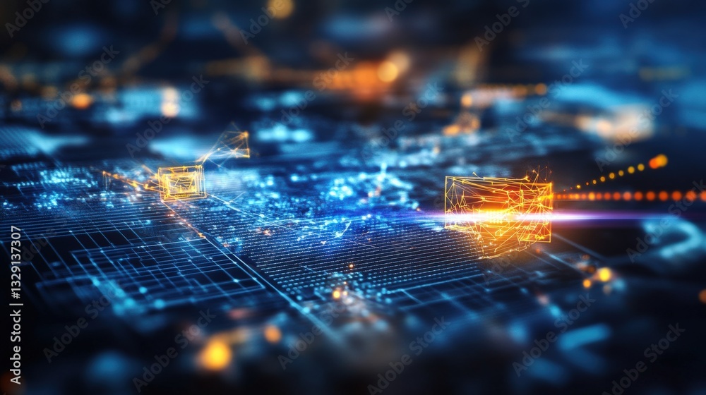 Obraz premium Digital connectivity innovations high-tech environment abstract visualization futuristic atmosphere close-up perspective