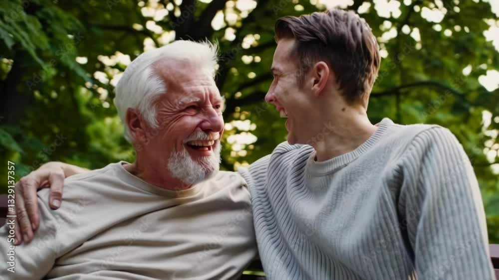 Senior father with grey hair smiling while conversing with adult son outdoors. Genuine emotional moment between generations showing family bond and meaningful conversation in natural setting. Senior father with grey hair smiling while conversing with adult son outdoors. Genuine emotional moment between generations showing family bond and meaningful conversation in natural setting.